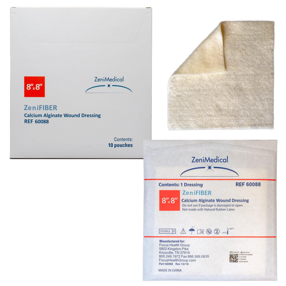 ZeniFiber 8x8 calcium alginate dressing showing compact pad for efficient moisture management