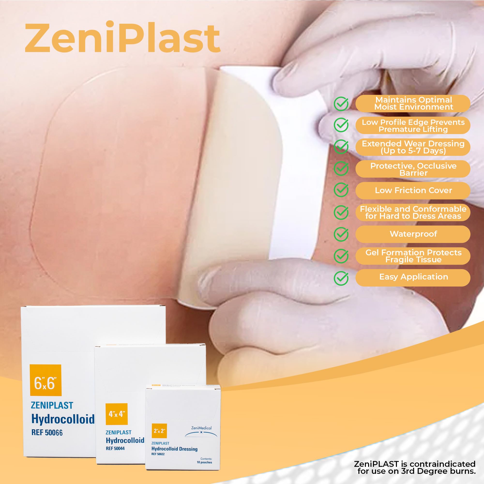 ZeniPlast sterile adhesive patches show secure wound coverage.