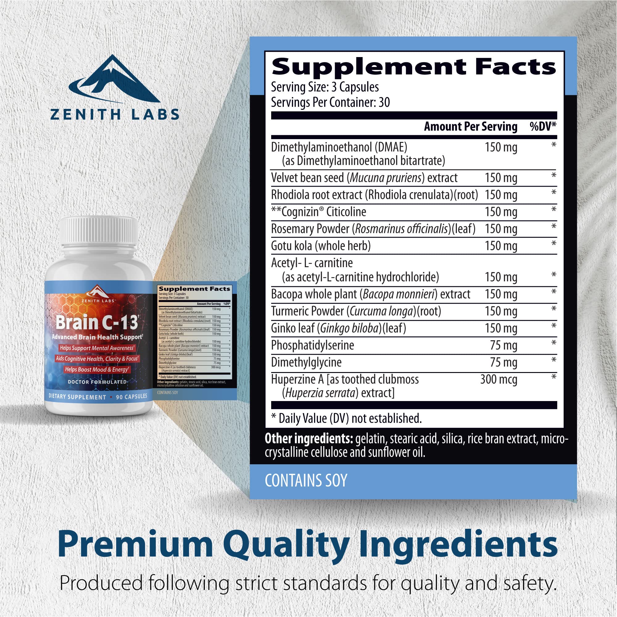 Zenith Labs Brain C-13 packaging display noting non-GMO and gluten-free