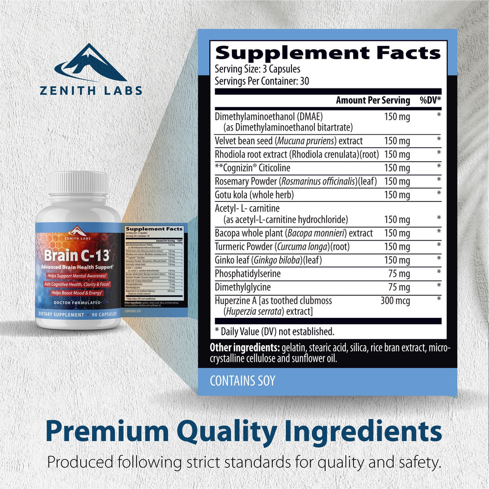 Zenith Labs Brain C-13 packaging display noting non-GMO and gluten-free