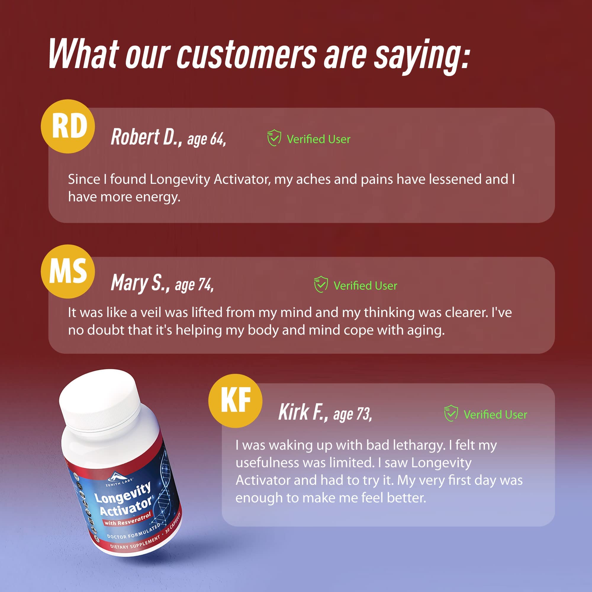 Ingredient card detailing Longevity Activator components and benefits.