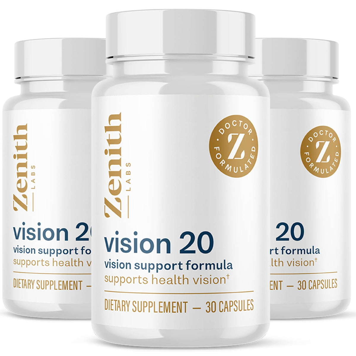 Zenith Labs Vision 20 bottle label highlighting carotenoid blend for eye health.