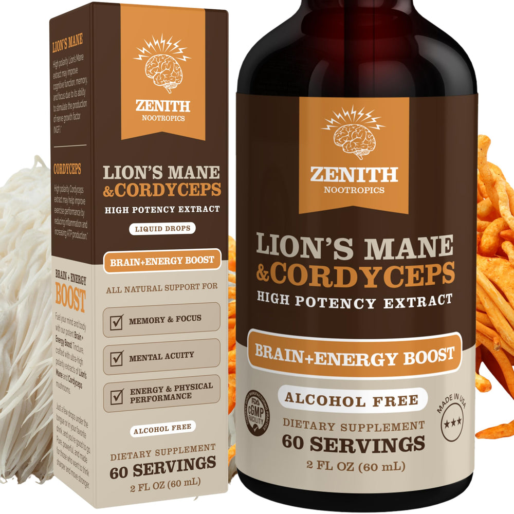 Zenith Nootropics Lions Mane Cordyceps bottle pour for focused days