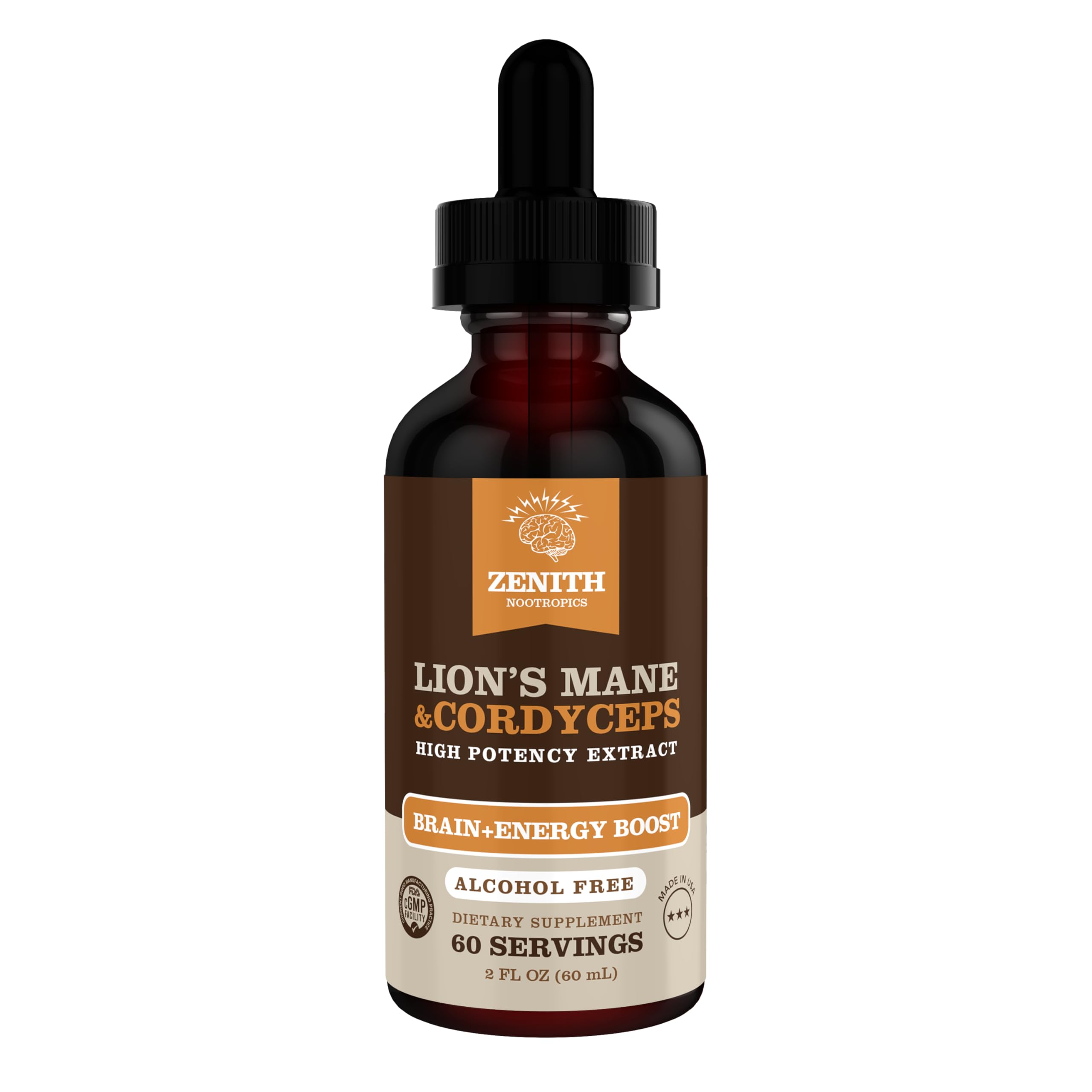 Zenith Nootropics Lions Mane Cordyceps front label for quick verification