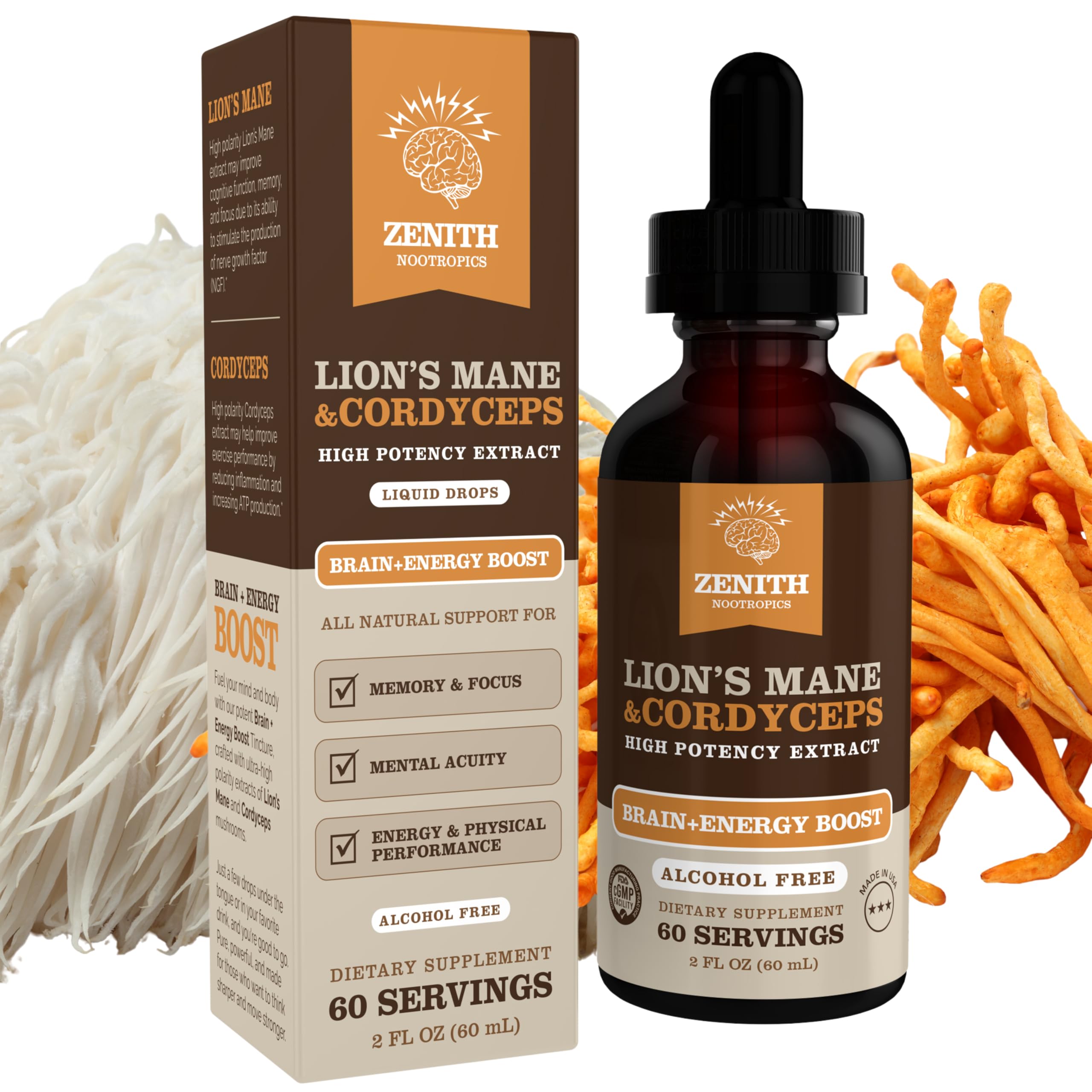 Zenith Nootropics Lions Mane Cordyceps vegan bottle with alcohol-free formula