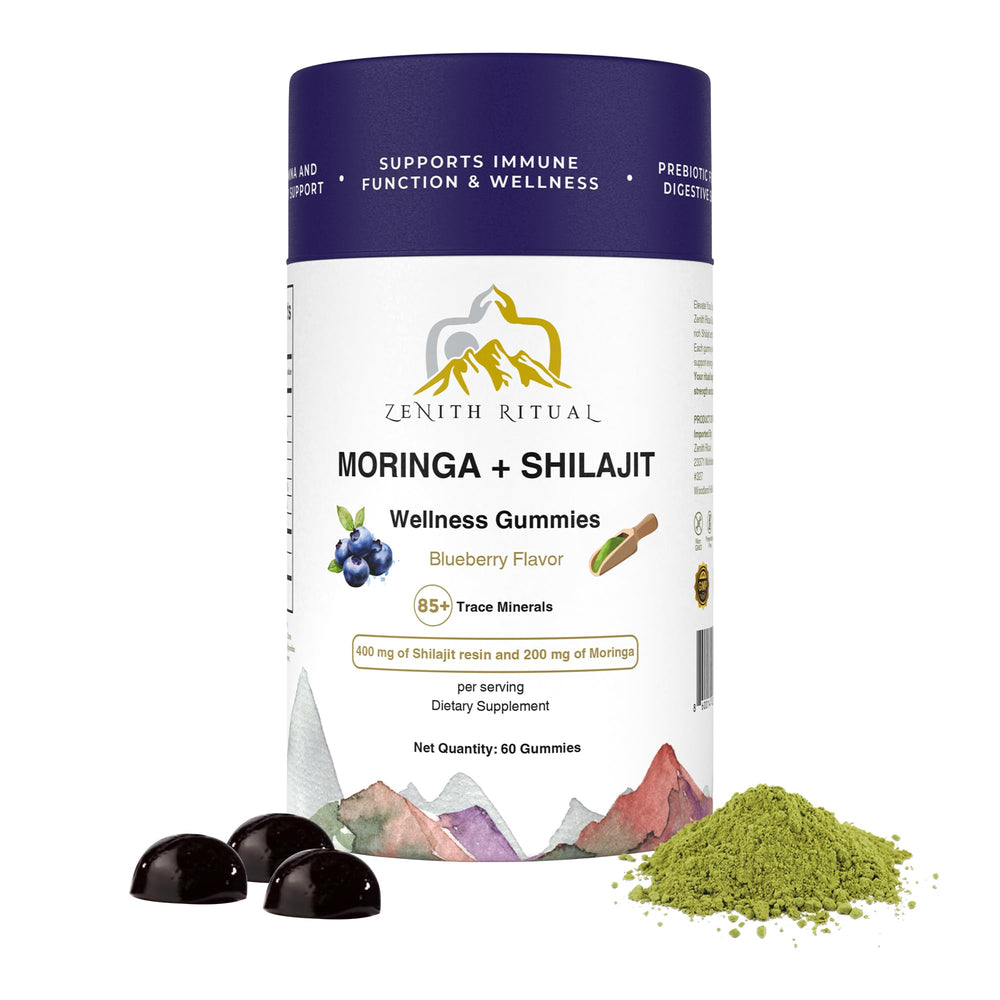ZENITH RITUAL Shilajit Gummies blueberry flavor bottle for daily vegan wellness.