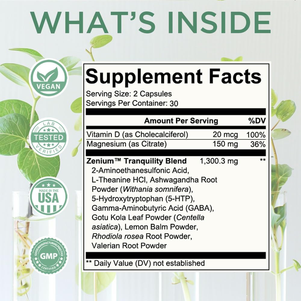 Zenium label close-up highlighting Ayurvedic blend for calm mood.