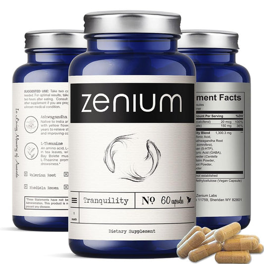 Zenium capsules for stress relief in bottle, promoting calm mood.