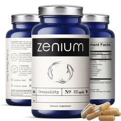 Zenium capsules for stress relief in bottle, promoting calm mood.