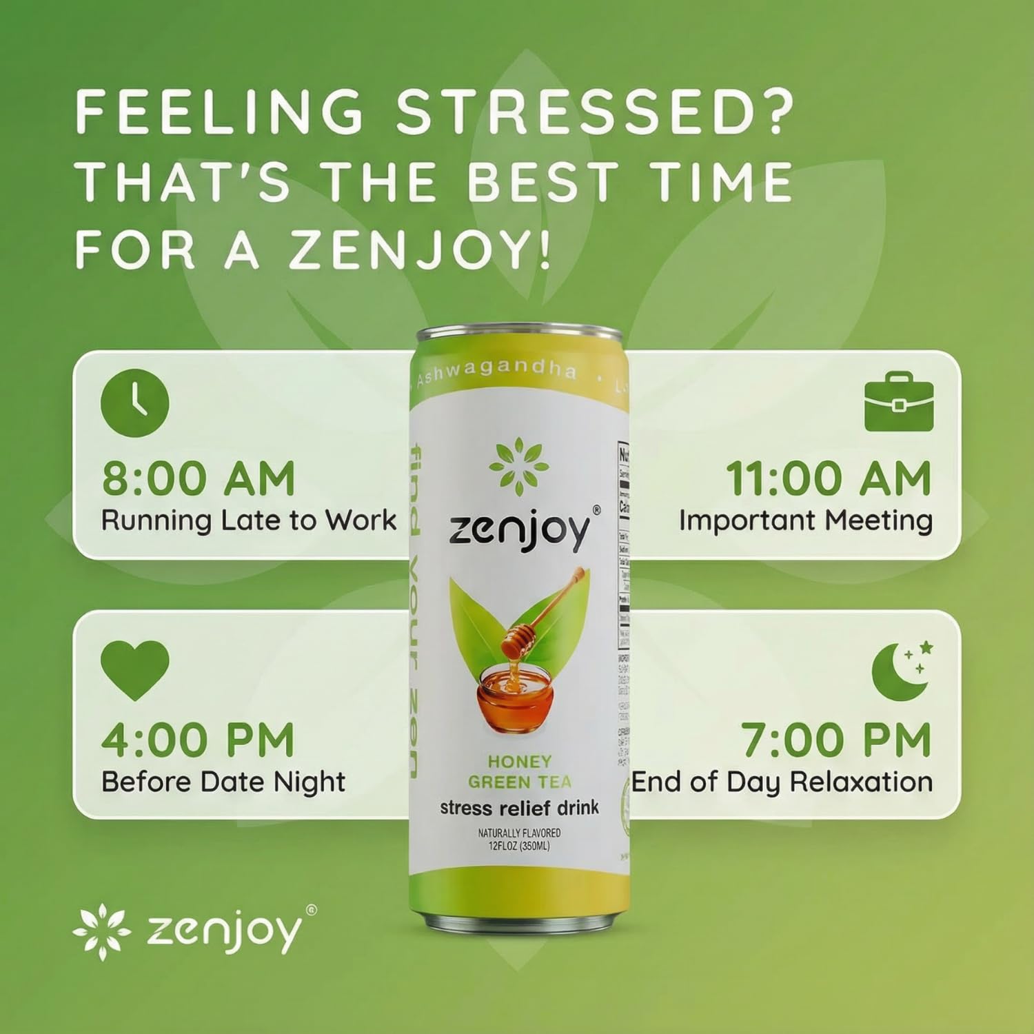 Zenjoy 12-pack honey green tea label displayed for daily use.