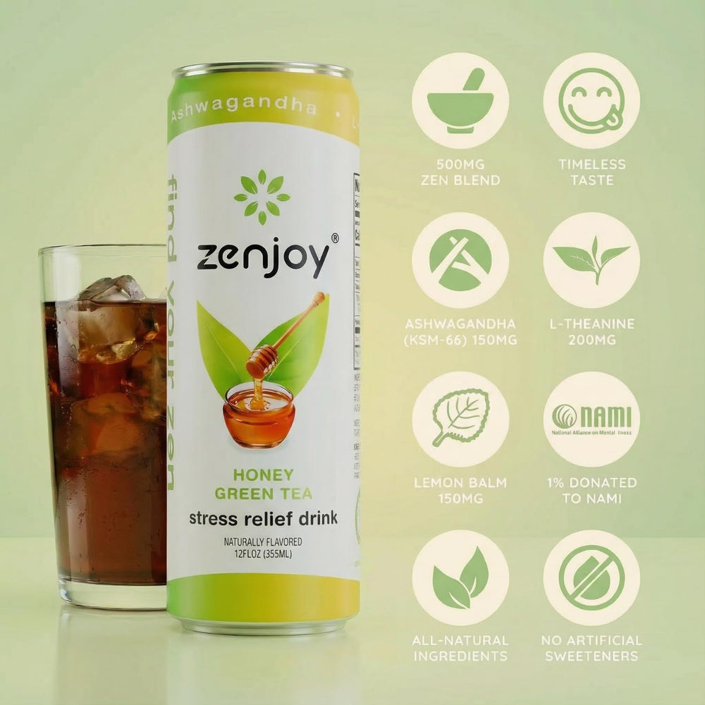 Zenjoy front packaging highlights non-alcoholic tea and adaptogens.