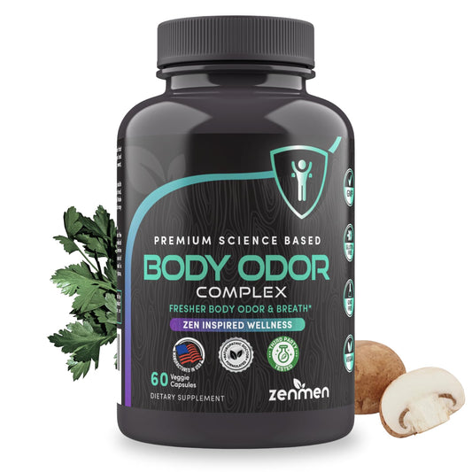 Zenmen body odor pills bottle close-up, hinting at internal odor control.