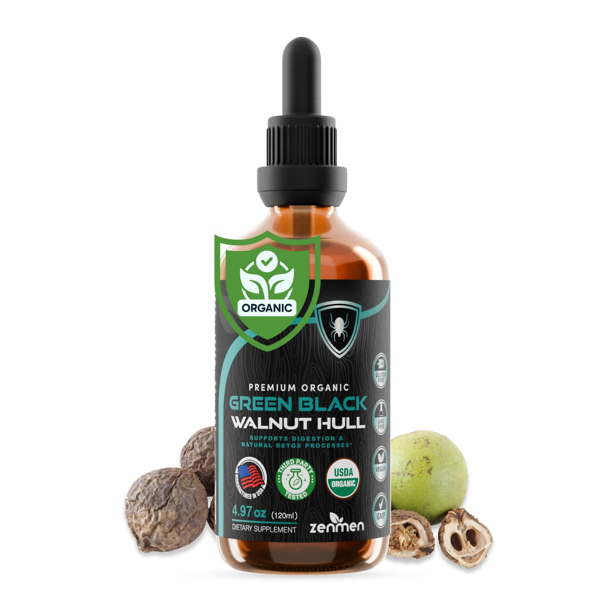 Zenmen Green Black Walnut Tincture bottle showing premium organic formula for daily wellness.