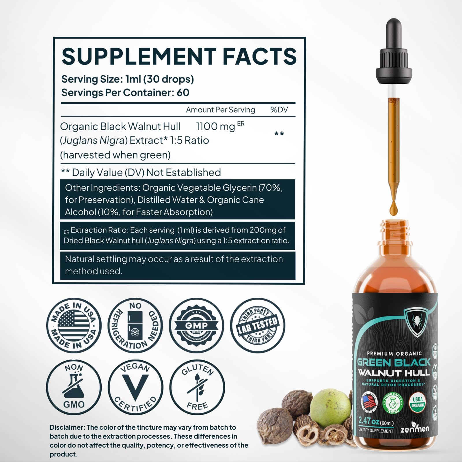 Zenmen Green Black Walnut Tincture label highlights organic and non-GMO quality