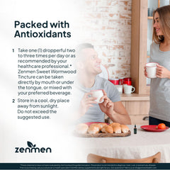Zenmen Organic Sweet Wormwood tincture label highlighting thujone-free USA-made quality