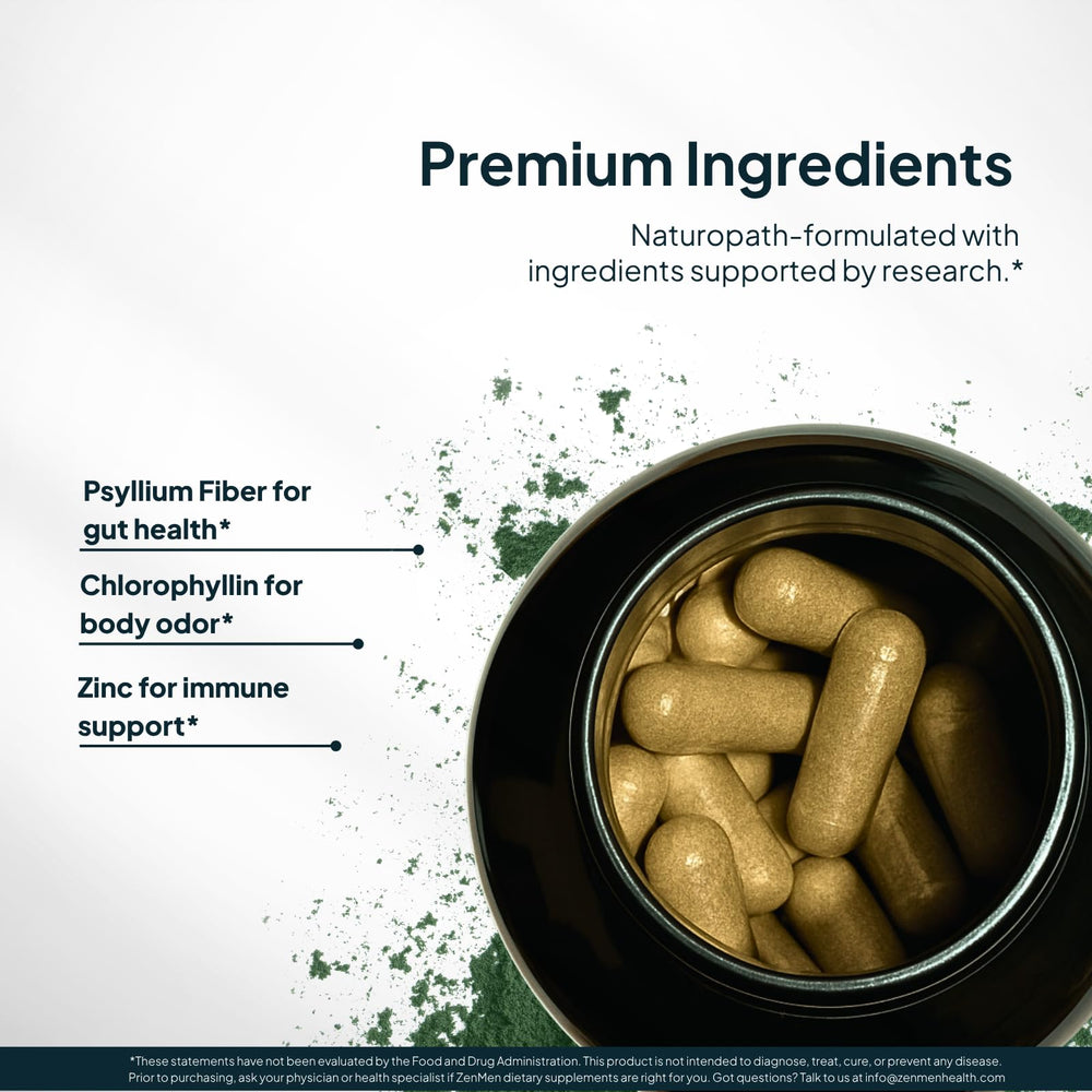 Zenmen packaging on table with vegan capsules for daily odor support.