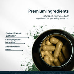 Zenmen packaging on table with vegan capsules for daily odor support.