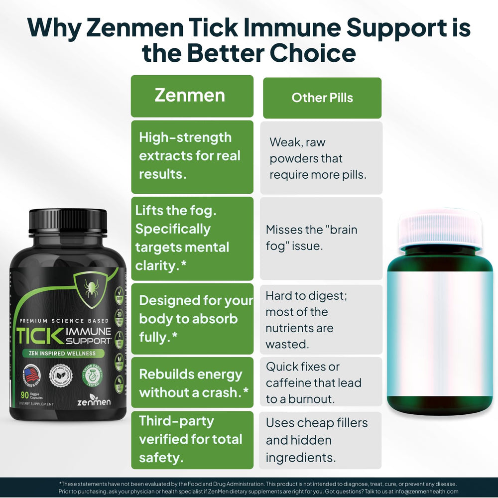 ZenMen Tick Immune Support bottle on hiking trail conveys outdoor readiness.