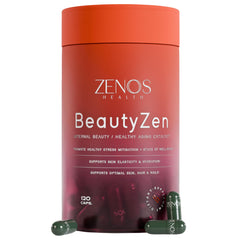 Zenos Health BeautyZen bottle front showing premium beauty supplement for hair and skin support.