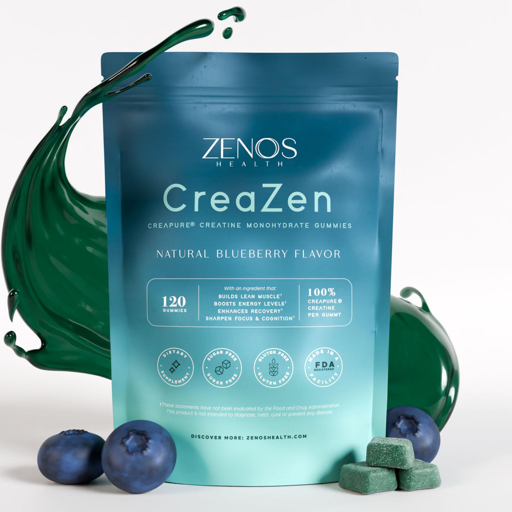 Zenos Health CreaZen bottle showing premium creatine gummies for convenient energy support during workouts.