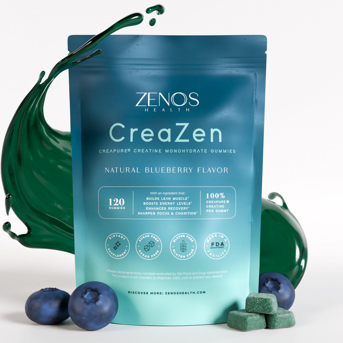 Zenos Health CreaZen bottle showing premium creatine gummies for convenient energy support during workouts.