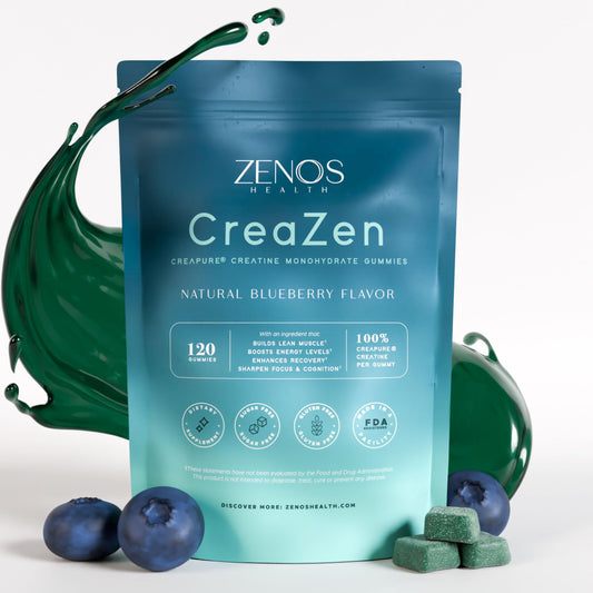 Zenos Health CreaZen bottle showing premium creatine gummies for convenient energy support during workouts.