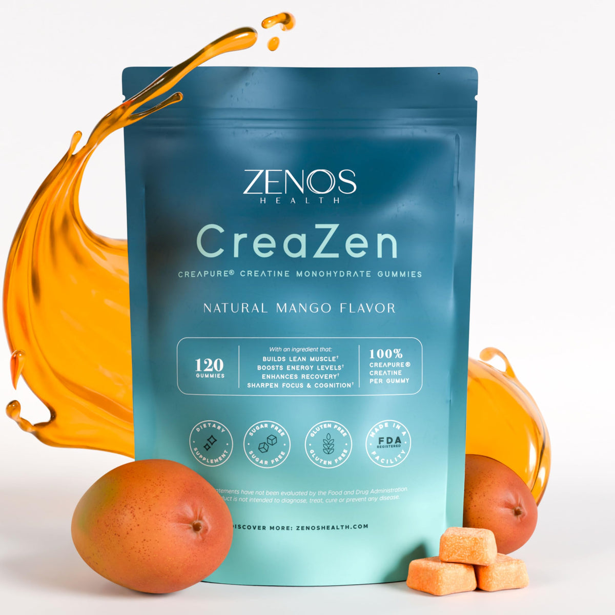 Zenos Health CreaZen bottle front view shows a mango-flavored creatine gummy option for workouts.