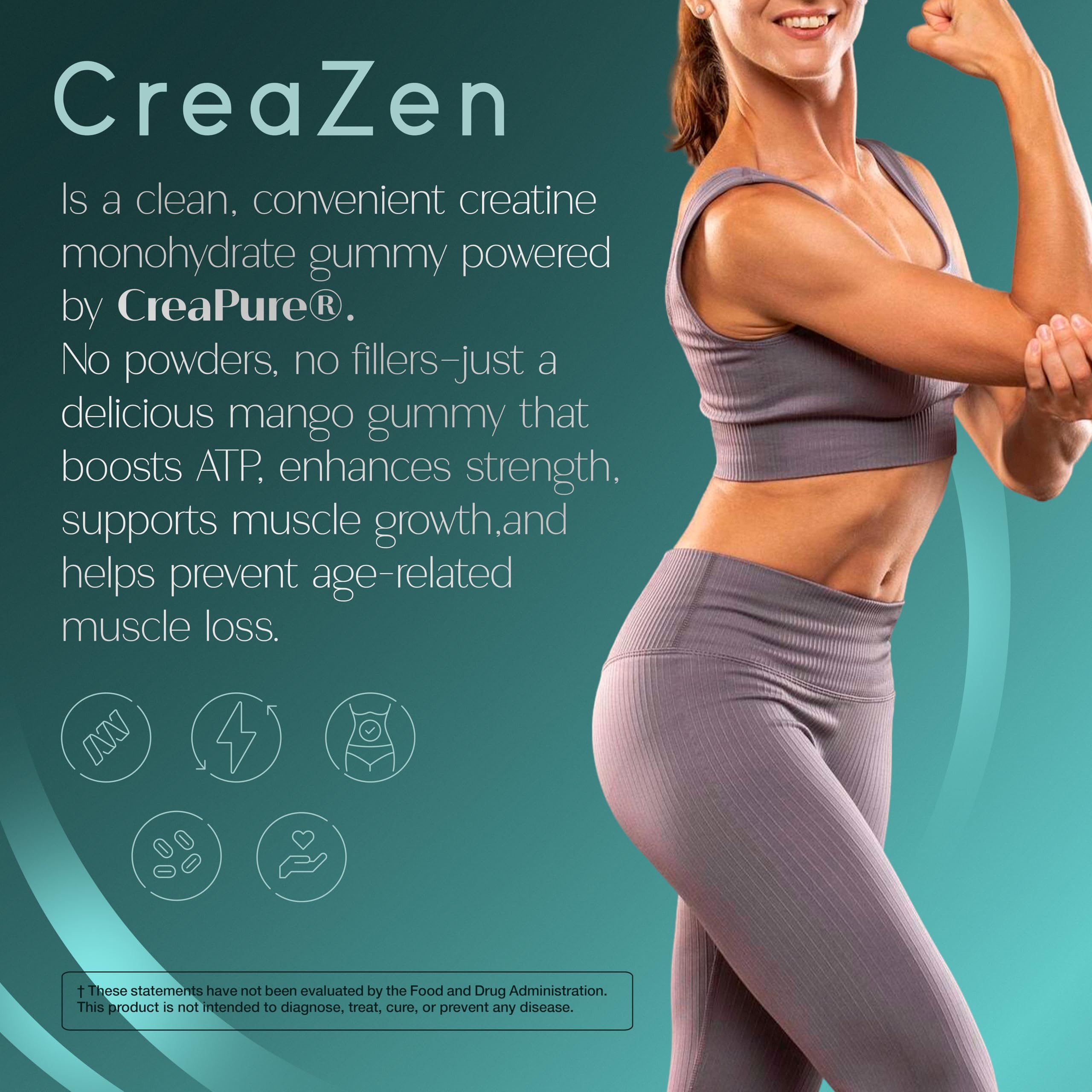 Zenos Health CreaZen gummies in hand demonstrate convenient, powder-free creatine for workouts.