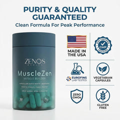 MuscleZen label detail showcasing USA-made, transparent ingredient approach.