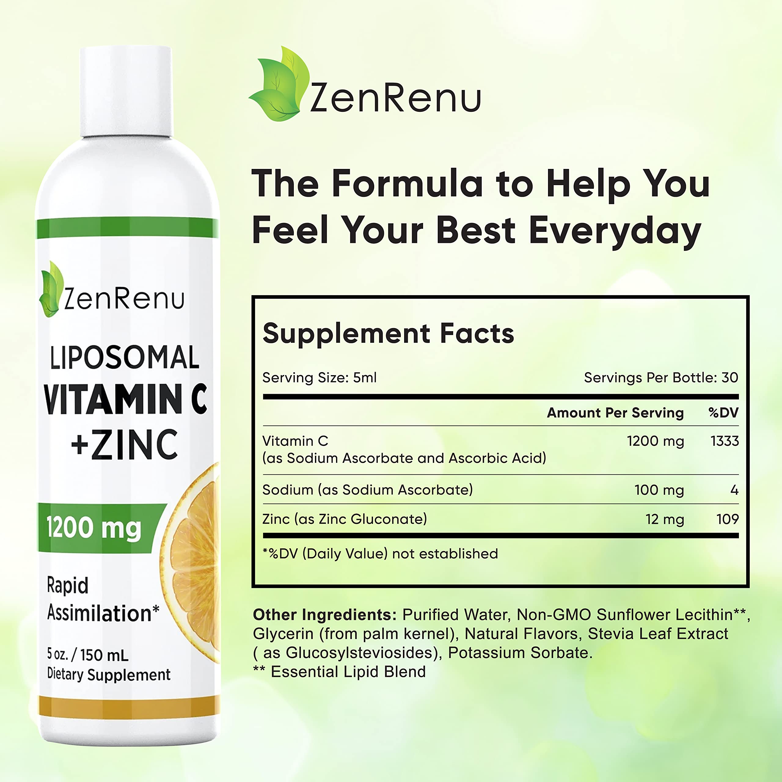 Zenrenu liposomal C plus zinc label close-up showing composition and quality