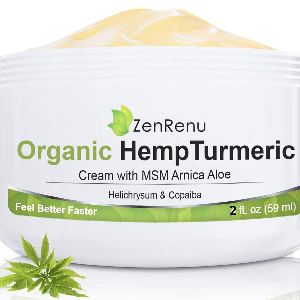 Zenrenu hemp turmeric cream jar with arnica showing natural ingredients for soothing skin