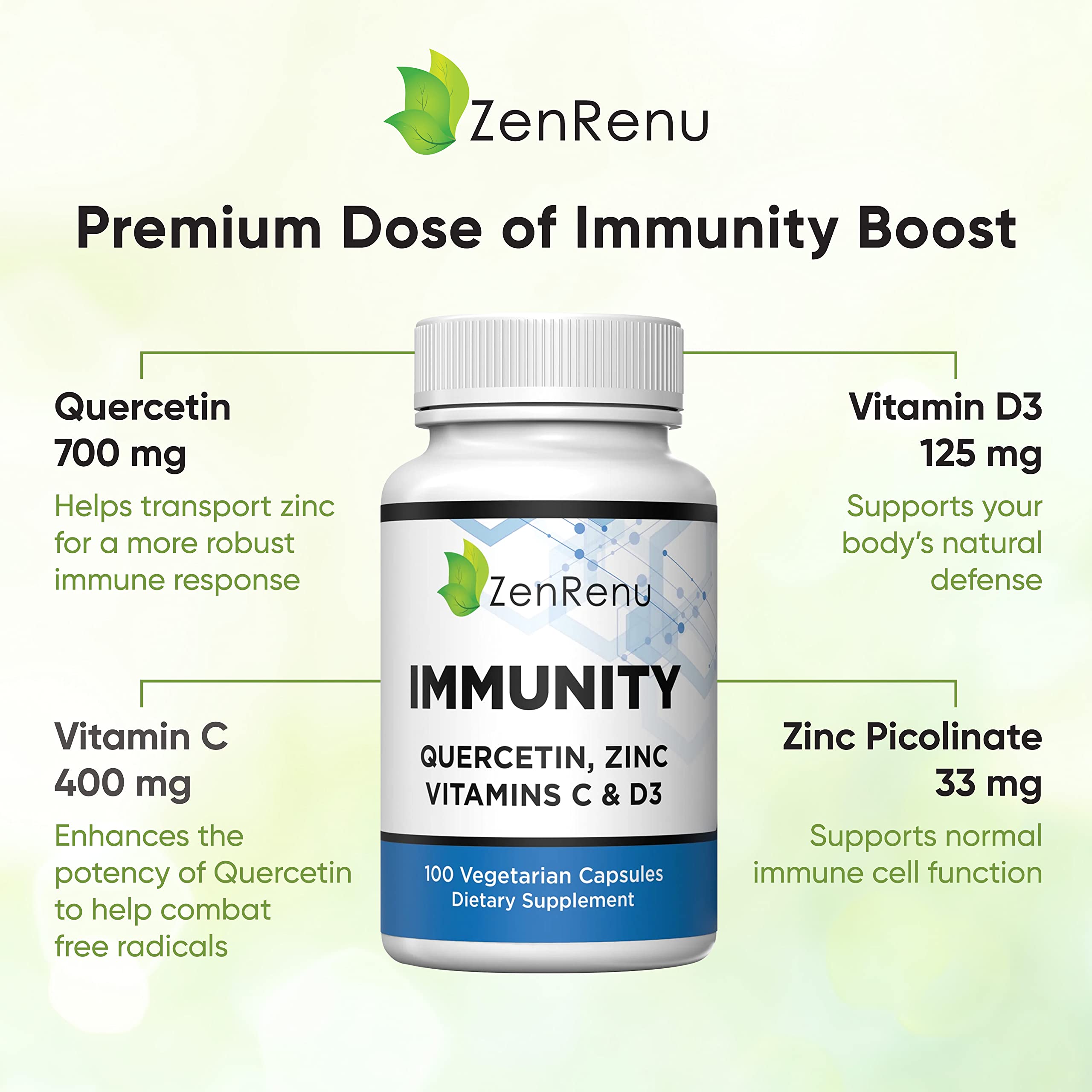 Zenrenu Quercetin 700mg capsules closeup highlighting antioxidant benefits