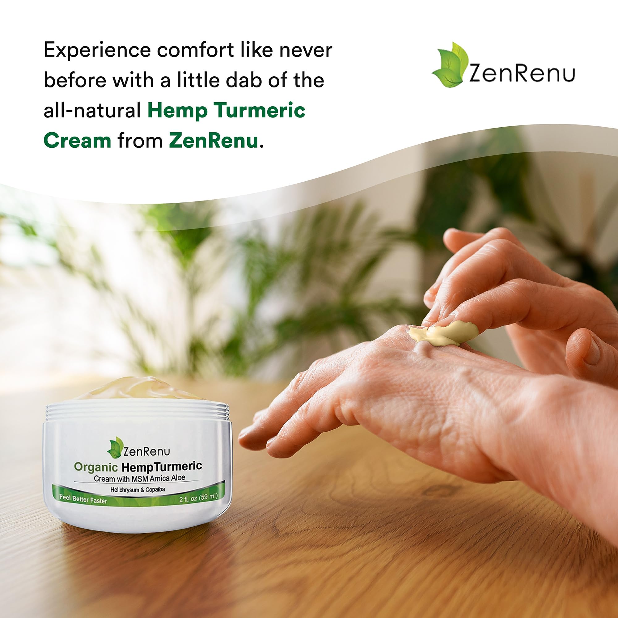 Woman applying Zenrenu cream on knee after activity for versatile relief.