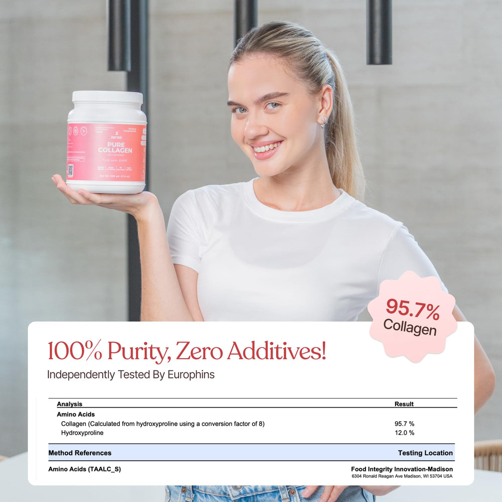 ZENSE collagen powder label highlights organic certifications and purity.