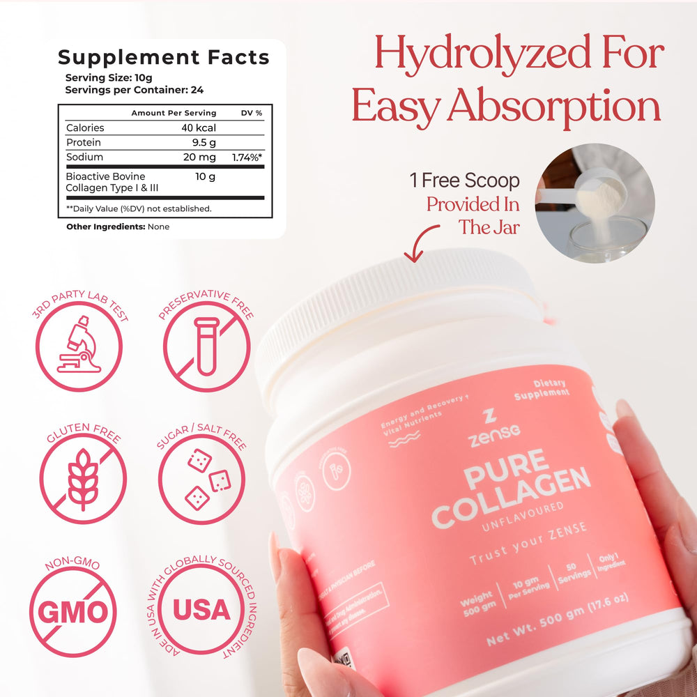 ZENSE collagen powder supports healthy skin, hair, and nails.