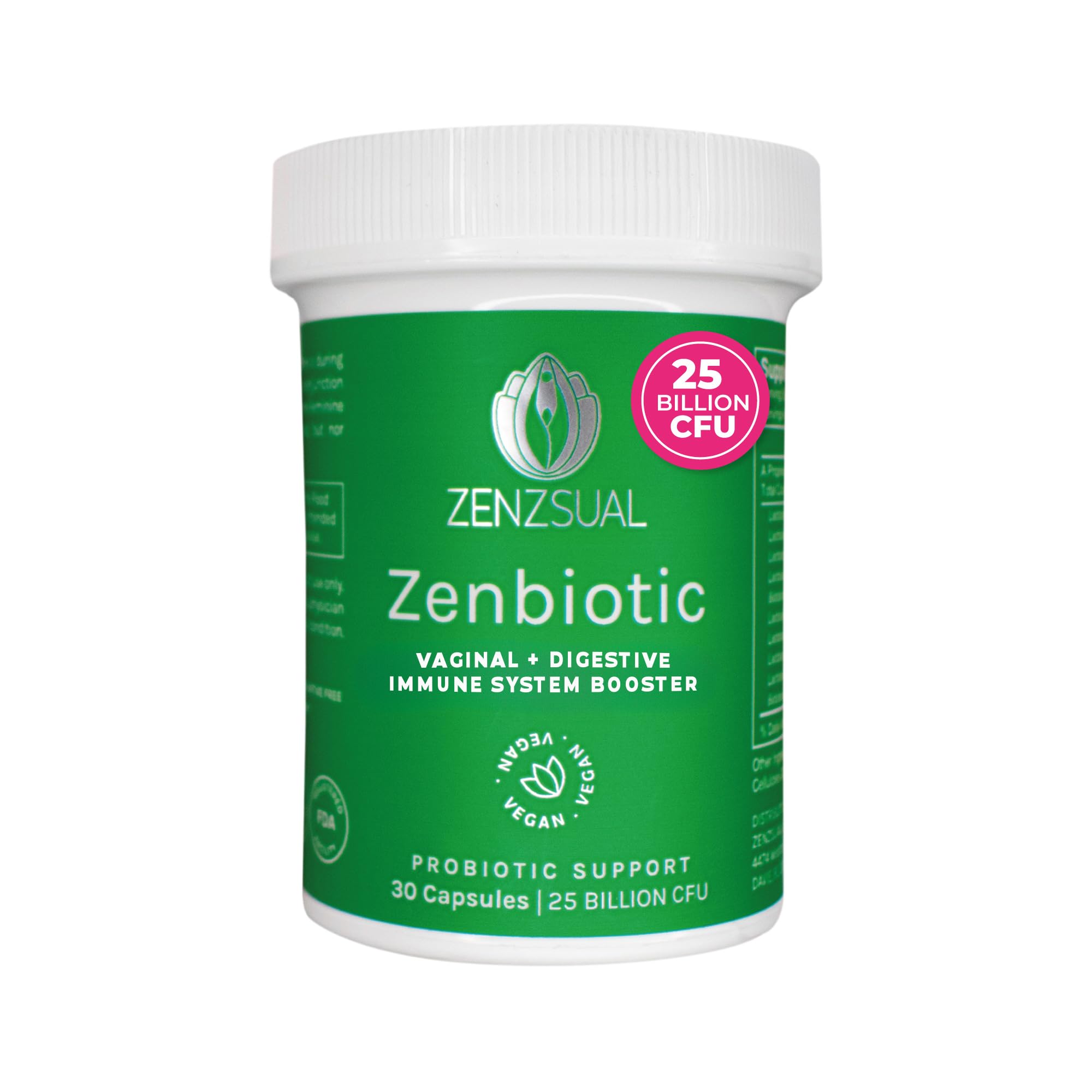ZENZSUAL Zenbiotic bottle cap showing easy daily supplementation for balanced vaginal health