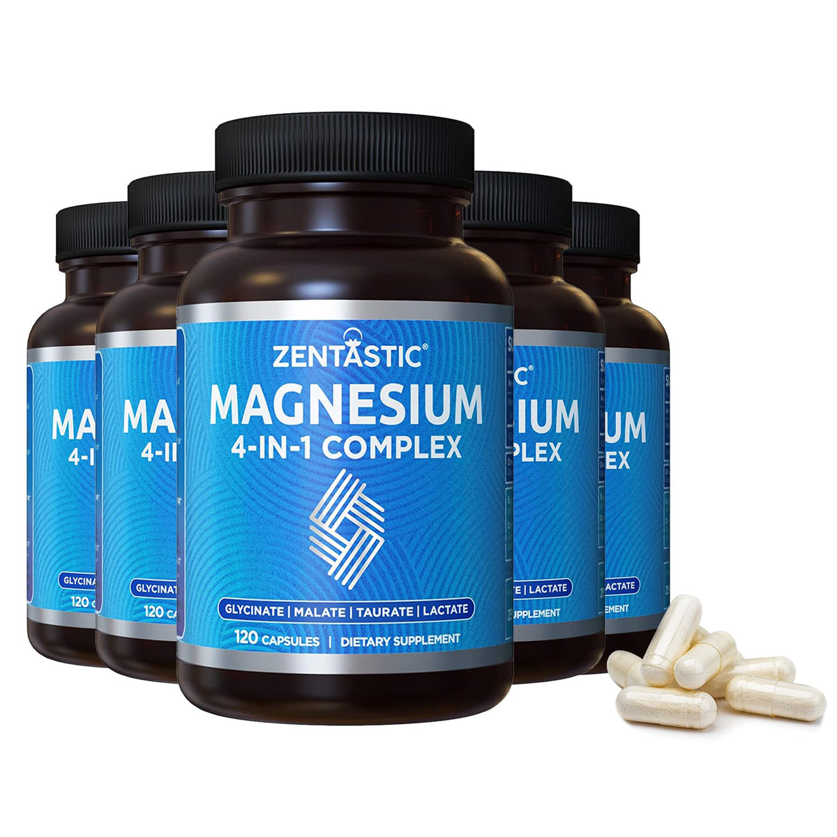 Zentastic Magnesium Complex bottle close-up showing capsules for easy absorption.