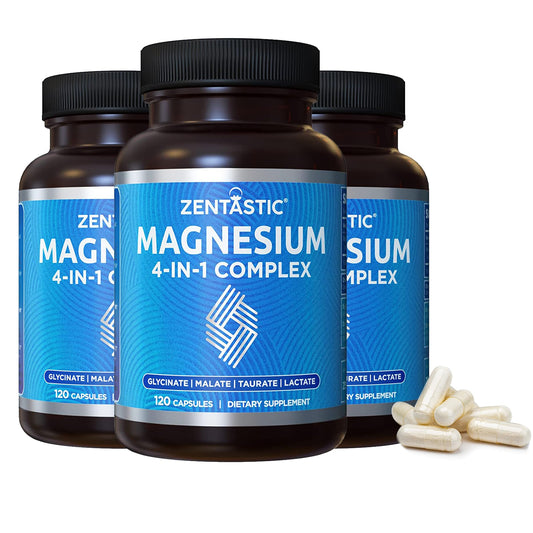 Zentastic Magnesium Complex bottle label highlighting high-absorption chelated magnesium for daily wellness