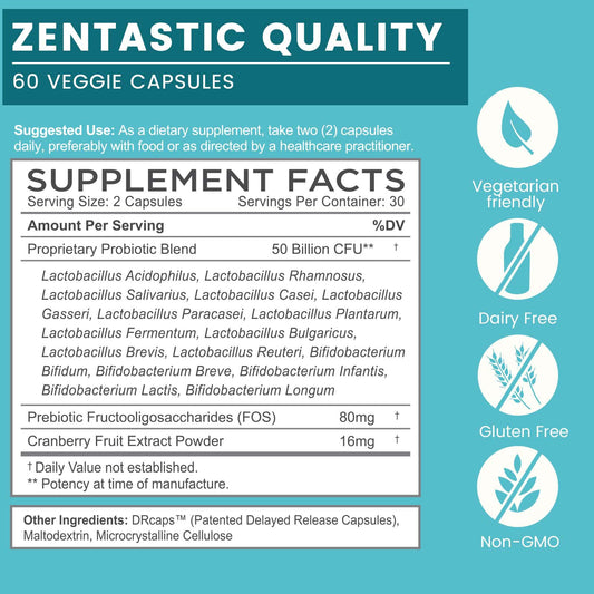 Zentastic Probiotics bottle back label with 50B CFU and 16 strains.