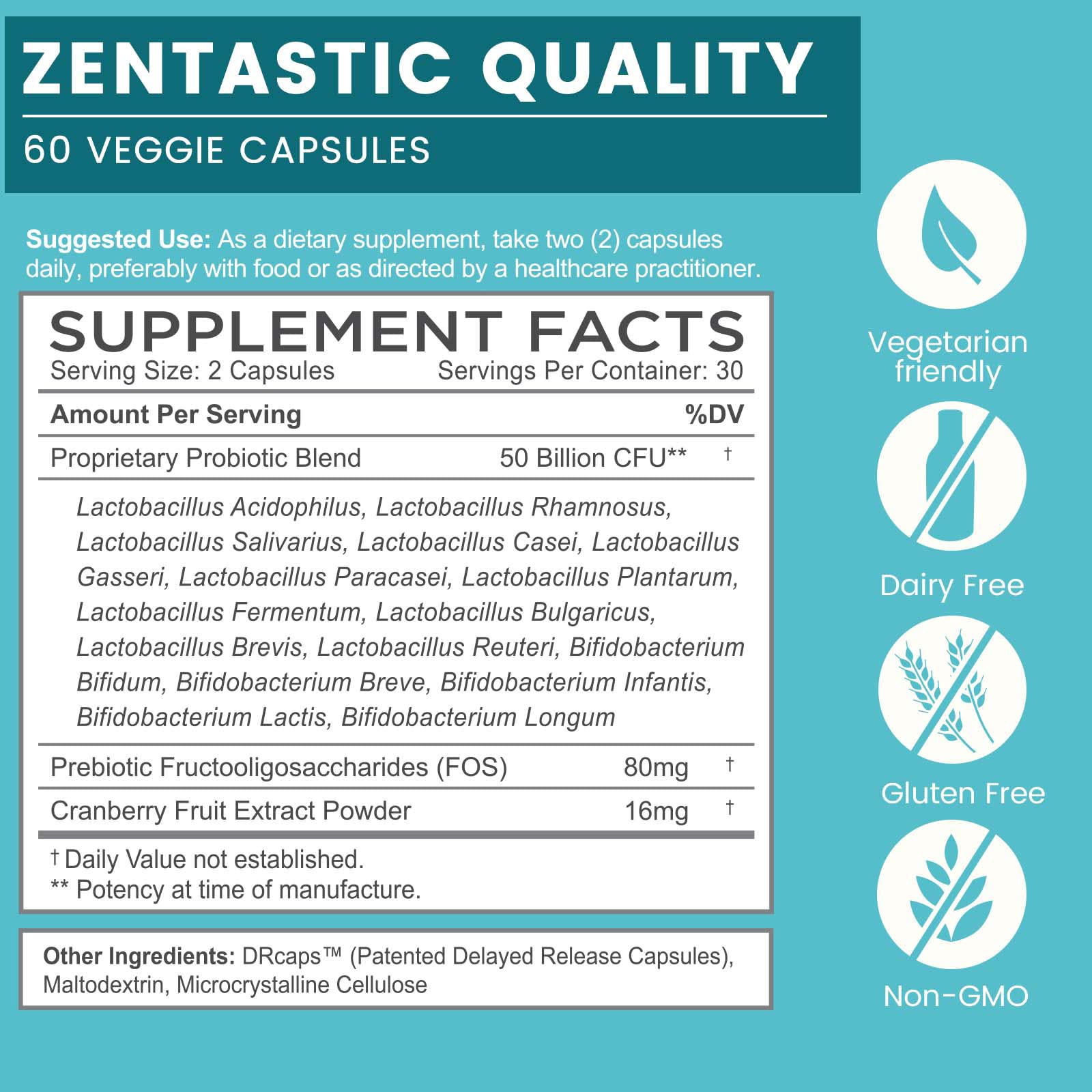 Zentastic Probiotics capsules closeup shows delayed-release design for gut delivery.