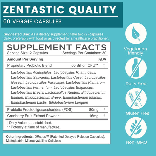 Zentastic Probiotics vegetarian capsules showcasing 16 strains for balance