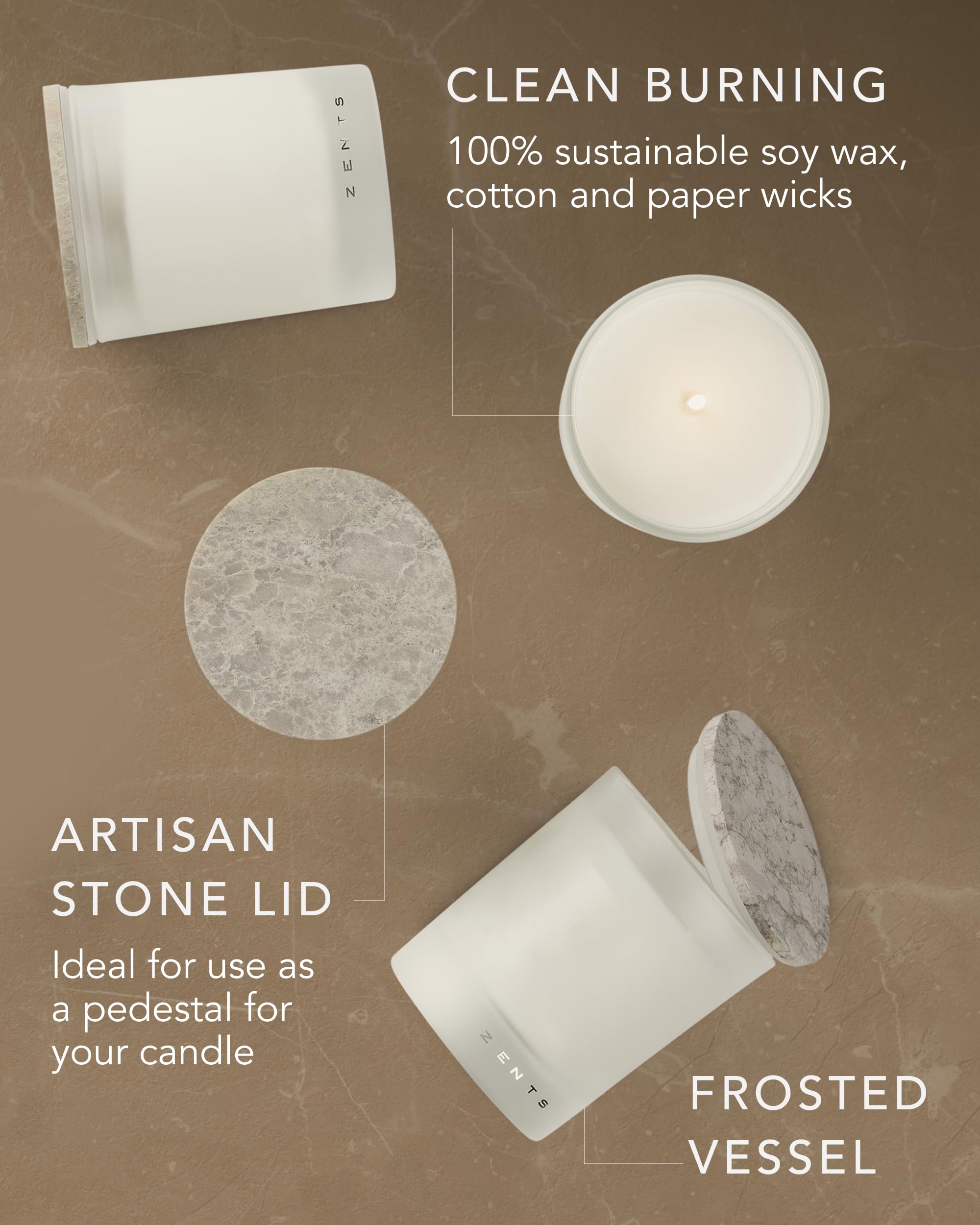 Artisan stone lid on Zents candle adds elegant decor touch.
