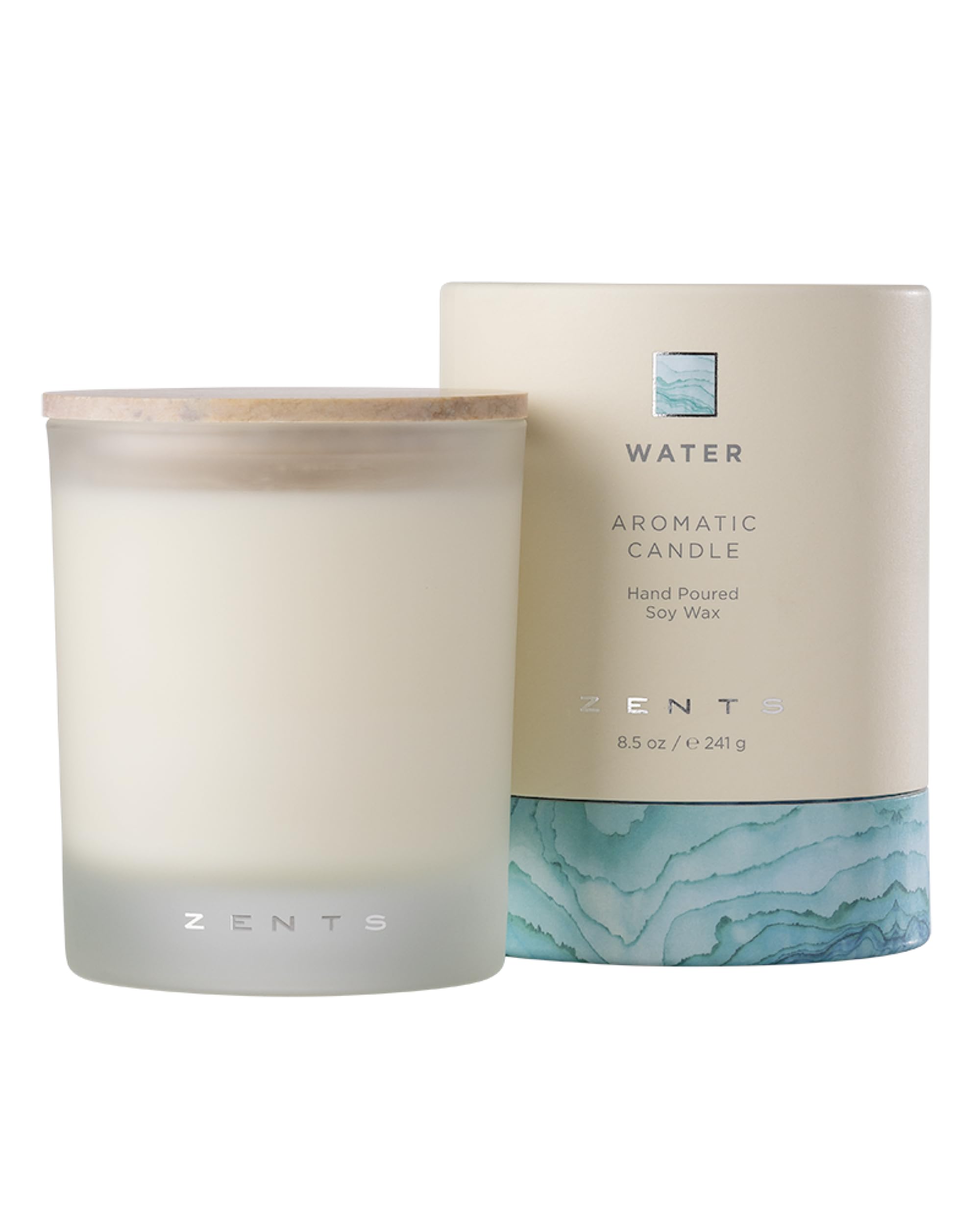 Zents Water Candle jar front with frosted glass for a calming living room ambiance.