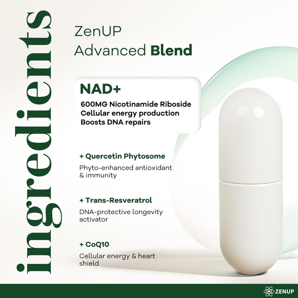 ZenUP NAD+ daily-use setup with capsules beside a glass of water