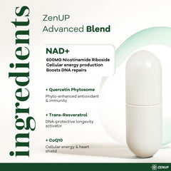 ZenUP NAD+ daily-use setup with capsules beside a glass of water