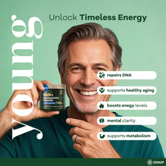 ZenUP NAD+ label closeup emphasizing non-GMO and gluten-free formulation