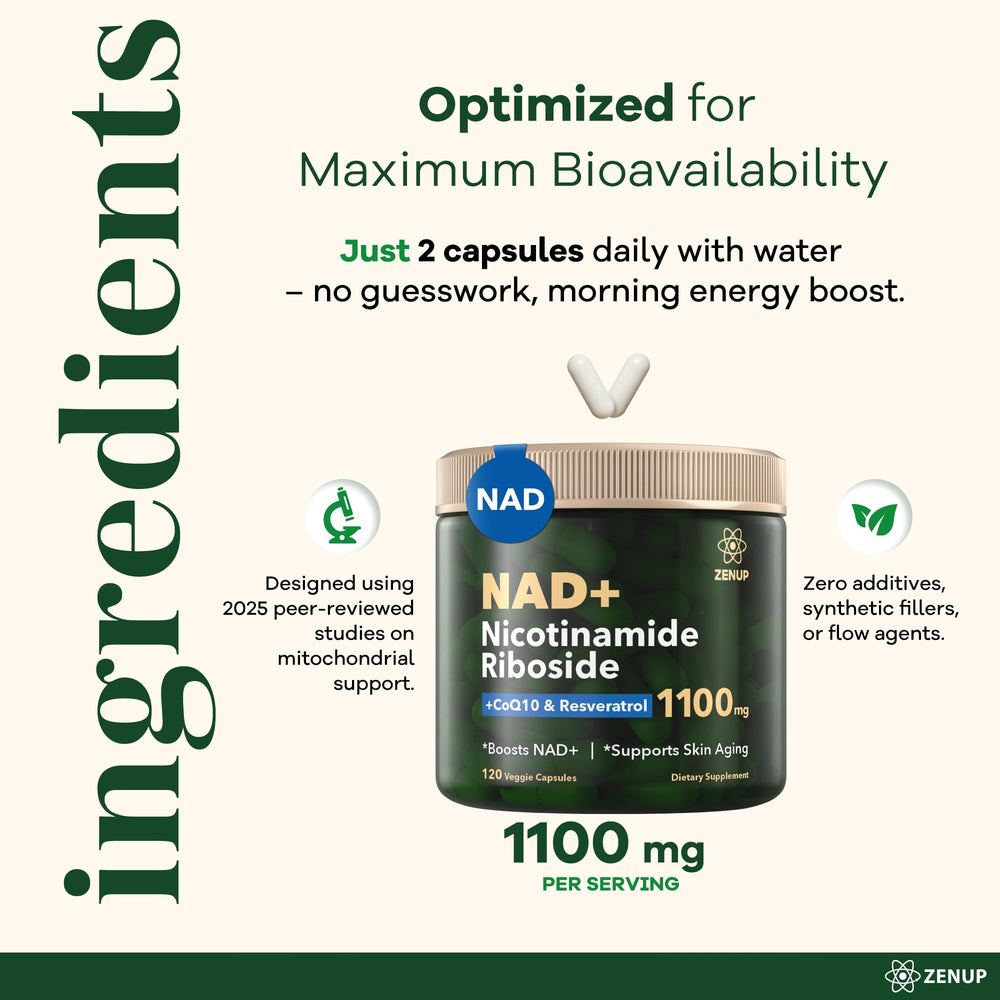 ZenUP NAD+ supplement collection illustrating a balanced daily health routine