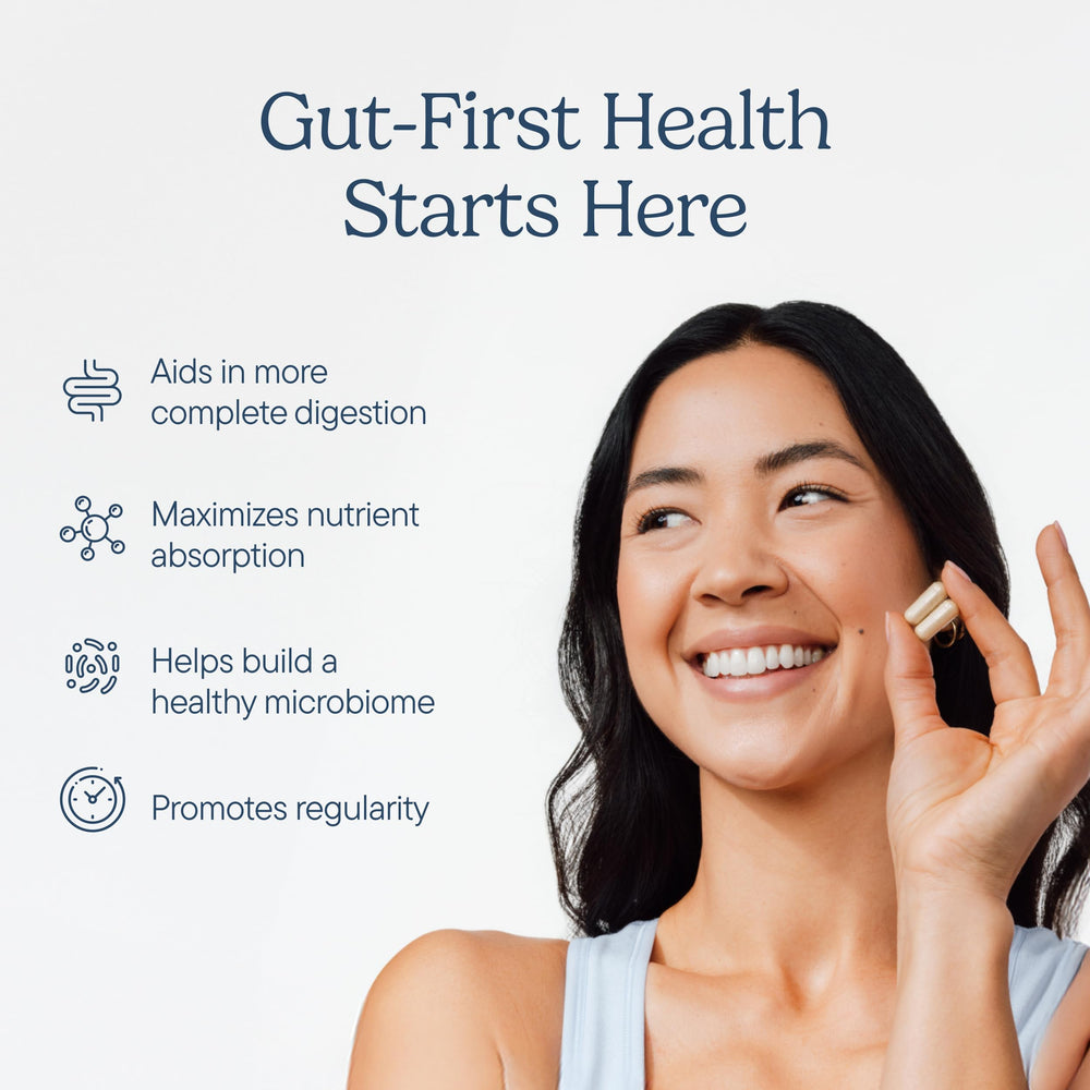 Zenwise Health Digestive Enzymes capsules closeup, plant-based formula for gentle digestion.