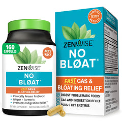 Zenwise Health No Bloat bottle displaying capsules for digestive comfort.