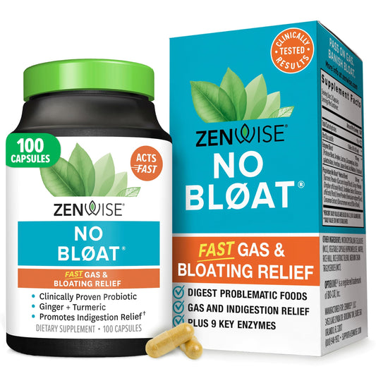 Zenwise No Bloat bottle front showing packaging for convenient daily digestive support.